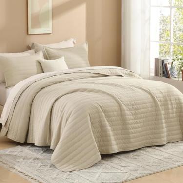 Imagem de Litanika Colchas de aveia California King, conjunto de cama com edredom grande, 3 peças, bege, para todas as estações, com cobertor de 284 cm x 264 cm e 2 fronhas