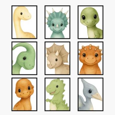 Imagem de 9 peças de impressões de arte de parede de dinossauros para berçário quarto de crianças decoração de quarto de bebês meninos meninas desenho fofo pintura em tela imagens verde laranja azul aquarela