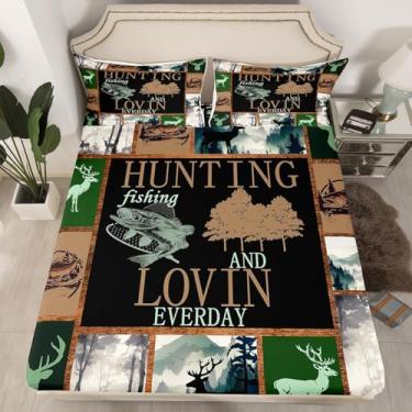 Imagem de Feelyou Jogo de lençol Queen com elástico para crianças, robalo, peixe grande, xadrez e caça, lençol com elástico alto (sem lençol superior) com 2 fronhas