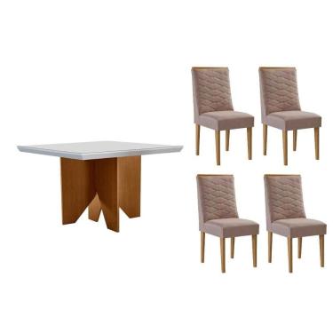 Imagem de Conjunto Sala de Jantar Nevada c/ Tampo Madeirado c/ Vidro Canto Curvo 90x90cm e 4 Cadeiras Maldivas Madeira Maciça Naturale/Off White - Capuccino/Lin