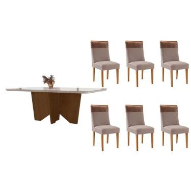 Imagem de Conjunto Sala de Jantar Nevada c/ Tampo Madeirado c/ Vidro Canto Curvo 180x90cm e 6 Cadeiras Jaspe Madeira Maciça Naturale/Off White - Capuccino/Linho