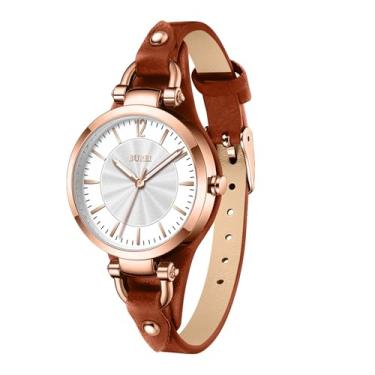 Imagem de BUREI Relógios femininos simples pulseira de couro relógio de quartzo de luxo pequeno fino feminino pulseira pulseira relógio de pulso feminino (marrom)