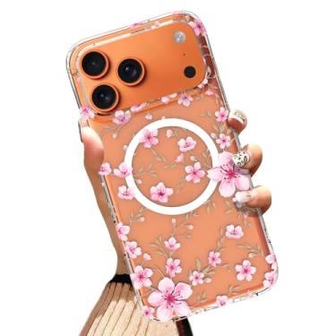 Imagem de AIGOMARA Capa de telefone feita para iPhone 17 Pro de 6,3 polegadas [compatível com MagSafe] design floral rosa de flor de cerejeira TPU macio e policarbonato rígido capa transparente à prova de