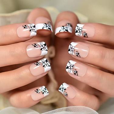 Imagem de Short Press On Nails - Unhas postiças quadradas, superfície brilhante, flores pretas, estilo francês, acabamento brilhante para festa e uso diário, reutilizável, 12 tamanhos - 24 kit de unhas com abas