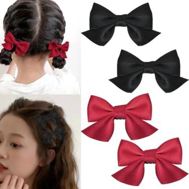 Imagem de Grampos de laço para laço para cabelo curto e longo, acessórios para mulheres, presilhas de laço para mulheres, grampos de cabelo com bico de pato com laços, 4 peças (preto vermelho)