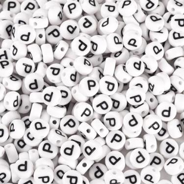 Imagem de Spritewelry 500 peças de contas de letra acrílica contas brancas de plphabet contas planas redondas letra P contas com orifício horizontal para artesanato DIY pulseira colar chaveiro cordão