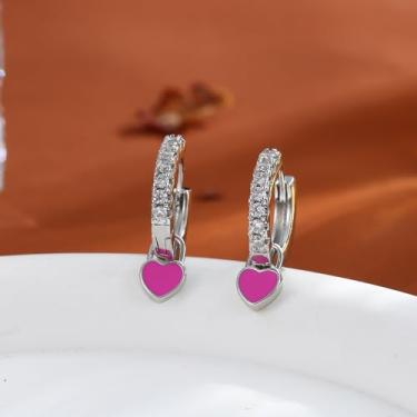 Imagem de Brincos de argola pequenos com pingente de prata para mulheres, delicados brincos de argola pequenos banhados a ouro branco 14K com pingente de coração, standard, Aço inoxidável, Sem pedra preciosa