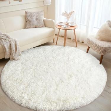 Imagem de Tapete redondo branco para quarto, tapetes circulares de 1,5 m para sala de estar, tapete felpudo macio para adolescentes, meninas, meninos, berçário, dormitório, decoração de casa, estética