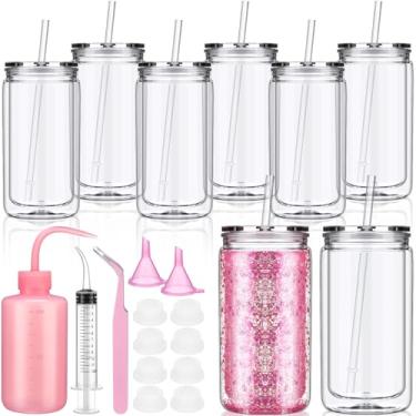 Imagem de Teenyyou Pacote com 8 copos de globo de neve de plástico, 473 ml, copos transparentes de parede dupla pré-perfurados com tampa e canudo espremedor, funil, pinça, seringa dobrada para globo de neve com
