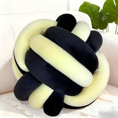 Imagem de Adlbbkiy Bola de almofada com nó preto e amarelo de 21 cm, almofada redonda macia feita à mão com nó, almofada de pelúcia, almofada de pelúcia com nó, para quarto, sofá de sala de estar, decoração de