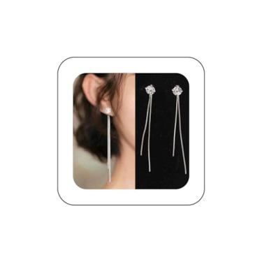 Imagem de Sttiafay Brincos de flor de cristal, corrente de passador, brincos longos pendentes de prata, brincos de gota linear, hipoalergênicos, joias de orelha para mulheres e meninas, Zircônia