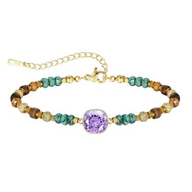 Imagem de JIAOGE Pulseiras femininas de pedra de nascimento - Pulseiras delicadas com contas douradas com pingente de pedra de nascimento de 12 meses, presente de amizade, dama de honra, presente de aniversário