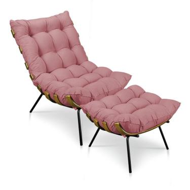 Imagem de Kit Poltrona Costela Com Puff Para Sala Suede Rose