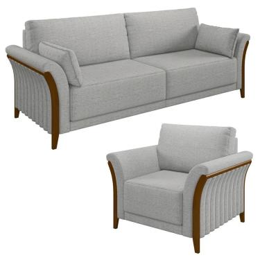 Imagem de Kit Sofá Living 3 Lugares E Poltrona 102cm Pés Madeira Roya M22 Linho Cinza - Mpozenato