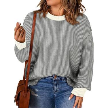 Imagem de Suéteres Eytino para mulheres tamanho grande, manga comprida, gola red