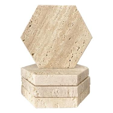 Imagem de Conjunto de 4 porta-copos de mármore de 10 cm, porta-copos de pedra de mármore travertino bege absorvente para copo de mesa e bebidas de café, hexágono