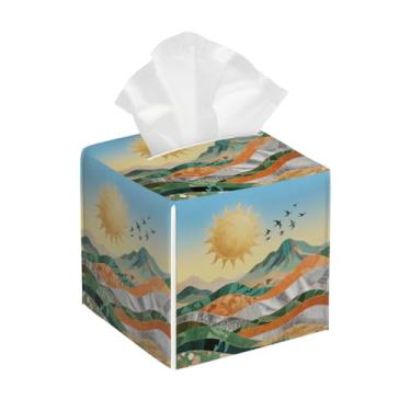 Imagem de Capa de caixa de lenços – Porta-guardanapos quadrados decorativos para montanhas – Bonito organizador de cubo facial de couro PU para banheiro, quarto, mesas de cabeceira, bancada, sala de estar