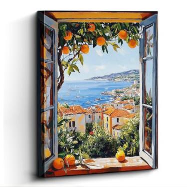 Imagem de Arte de parede com vista costeira mediterrânea - Impressão emoldurada de 30 x 38 cm, design sem bordas laminado de papel - Cena de janela com laranjas e mar - Exibição suspensa e de mesa