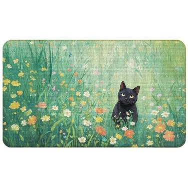 Imagem de WARDOS Tapete de porta de boas-vindas preto floral, tapete de porta para amantes de gatos, capacho floral para porta da frente, varanda, entrada interna, gatos em decoração colorida de flores