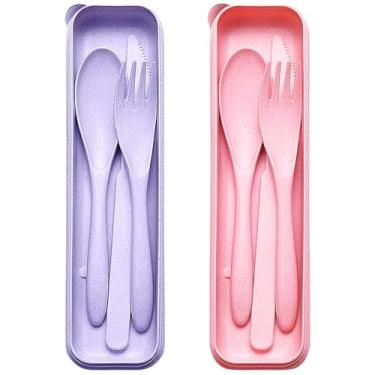 Imagem de Conjunto de utensílios de viagem reutilizáveis com estojo, 2 conjuntos de colheres de garfo de faca portáteis de palha de trigo, talheres de acampamento para lancheira, utensílios de mesa de plástico