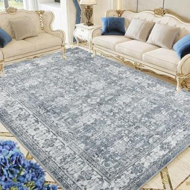 Imagem de ComftRug Tapetes de área lavável à máquina para sala de estar, quarto, estampa envelhecida vintage, cinza, medalhão floral, destaque, tapete de lona baixa, ultrafino, leve, antiderrapante