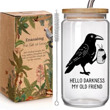Imagem de Enanaimg Copo de vidro engraçado Cawfee 473 ml com tampa e canudo presentes para amantes de pássaros - Hello Darkness My Old Friend, Spooky Halloween Vintage Crow xícara de café perfeita para amantes