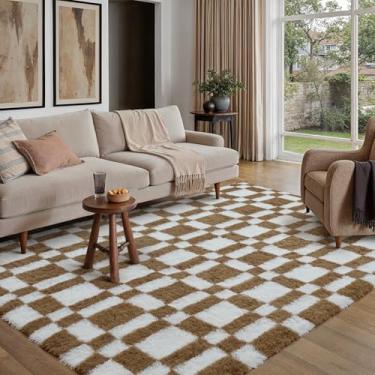 Imagem de HUGEAR Tapete quadriculado 12 x 18 cm para sala de estar, marrom e branco, moderno, supermacio, lavável, tapete felpudo fofo para decoração de casa e quarto, antiderrapante