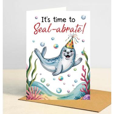 Imagem de It's Time To Seal-Abrate! Cartões - Cartão de festa de selo fofo engraçado para amantes de animais - Ótima ideia de presente para parabéns, novo emprego, nova casa ou qualquer ocasião que mereça um