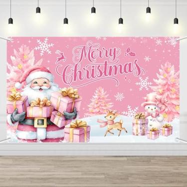 Imagem de AIBIIN Fundo rosa de Feliz Natal 179,8 x 110 cm, fundo de árvore de Natal de Papai Noel, boneco de neve de floco de neve, país das maravilhas de inverno, cenário fotográfico para decoração de festa de
