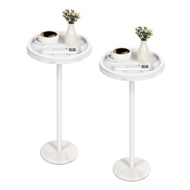 Imagem de Shinoske Mesa de bebida, conjunto de 2, mesa lateral redonda pequena com base de mármore branco, mesa lateral moderna com pedestal Martini para espaços pequenos, sala de estar, quarto, varanda