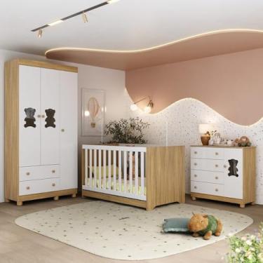 Imagem de Quarto de Bebê Completo com Berço Americano 3 em 1 Fofura Multimóveis Mp4653 Madeirado/branco