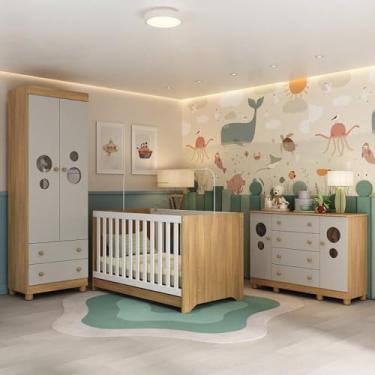Imagem de Quarto de Bebê Completo com Berço Americano 3 em 1 Bombom Multimóveis Mp4626 Madeirado/off White