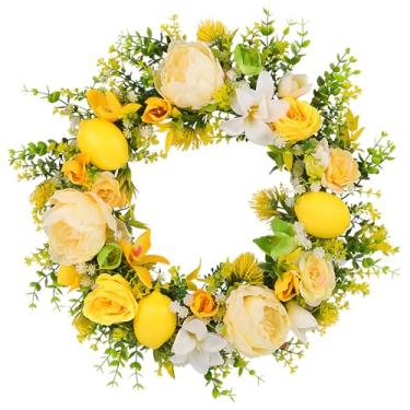 Imagem de Mola de guirlanda amarelo-limão, porta de decoração frontal e flor de seda realista de limão, guirlanda de porta artificial mola com rosas amarelas, diâmetro (45 cm) 45 cm