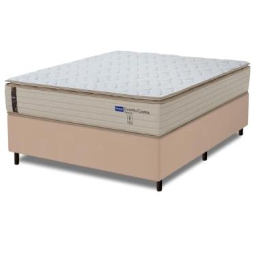 Imagem de Cama Box Casal Probel Molas Ensacadas Pillow Top 138x188x68cm Guarda Costas Genova Branco/Bege