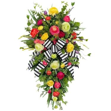 Imagem de Guirlanda de primavera 19,7 x 30 cm (50 x 30 cm) para porta da frente, decoração de flores de seda e laço preto e branco, design floral vibrante, Páscoa, ambiente interno e externo ideal para casa