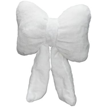 Imagem de Almofada de pelúcia branca, em forma de laço, assentos de carro, suporte de pescoço com tiras, almofada macia, estilo feminino decorativo para carro