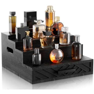 Imagem de Organizador de colônia de madeira para homens, suporte de colônia preta de 30 cm com gaveta e compartimento oculto, organizador de perfume para cômoda, suporte de madeira para maquiagem de perfume