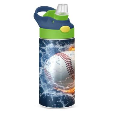 Imagem de Blueangle Garrafa de água de fogo de beisebol de aço inoxidável isolada de 340 g com tampa de canudo - Garrafa esportiva reutilizável à prova de vazamento para viagens, ao ar livre (230)