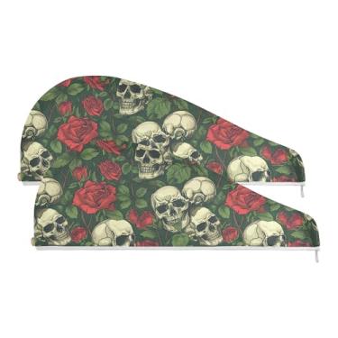 Imagem de SEHANY Toalha de cabelo de microfibra rosa e caveira para mulheres, 2 peças, turbantes de cabelo de secagem rápida com botão, touca de cabelo seco absorvente toalha de secagem de cabelo para cabelos