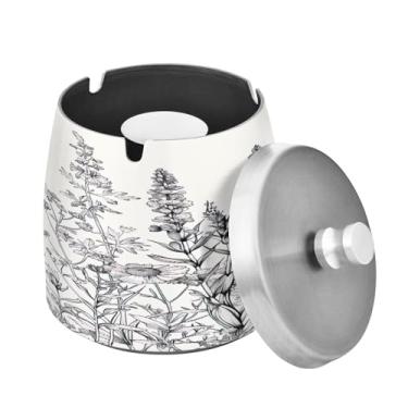 Imagem de Blueangle Cinzeiro de flores pretas e brancas com tampa para cigarros, à prova de vento/chuva, aço inoxidável, sem fumaça, inodoro, cinzeiro para uso interno ou externo (263)