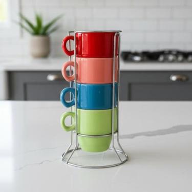 Imagem de Conjunto 4 Xícaras Stacky 90ml Cerâmica Coloridas Suporte - Hauskraft