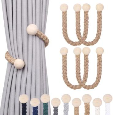 Imagem de NICEEC Pacote com 4 Cortinas Decorativas de Bola de Madeira Tiebacks Casa de Fazenda Estilo Rústico Drape Tie Backs Juta Natural Corda Tecida à Mão Retenção para Casa e Escritório Cortina Transparente