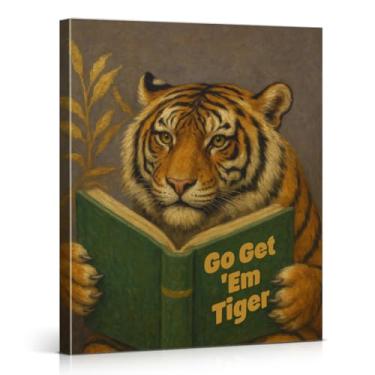 Imagem de Impressão motivacional de arte de parede de leitura de tigre Bookworm Tiger Go Get Them imagem inspiradora decoração de parede para casa estudo sala de leitura biblioteca 20 x 25 tela emoldurada