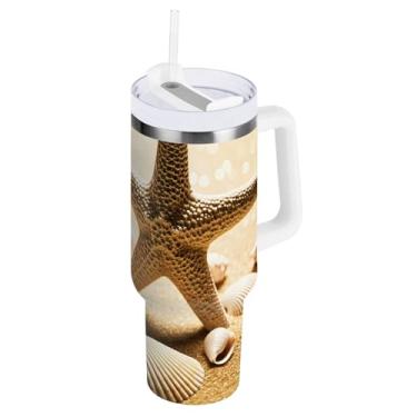 Imagem de Kigai Copo térmico de 1,134 g com alça, estrela do mar e conchas de praia com tampa e canudo, garrafa de água esportiva de metal grande, caneca de café de viagem de aço inoxidável