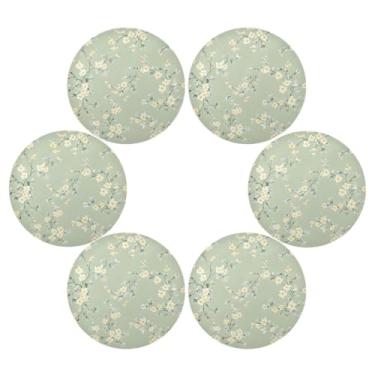 Imagem de Wassud Jogo americano conjunto de 6 tapetes redondos florais verdes pastel para cozinha e jantar tapetes laváveis resistentes ao calor decoração de mesa 39 cm