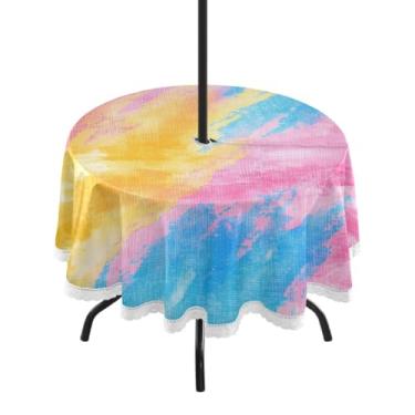 Imagem de CEBUGI Toalha de mesa redonda para uso ao ar livre, fundo colorido, impermeável, com furo Umberlla, capa de mesa lavável para pátio, cozinha, sala de jantar, 152 cm