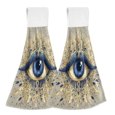 Imagem de Wassud Toalhas de mão penduradas de cozinha, pacote com 2, toalhas de banheiro supermacias com olho turco dourado com laços de adesivo mágico, toalha de secagem rápida altamente absorvente para banho