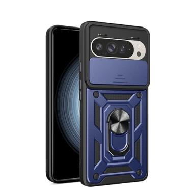 Imagem de RKINC Capa para Google Pixel 10 Pro XL com capa deslizante para câmera e anel giratório com suporte de grau militar à prova de choque com suporte magnético para carro, azul marinho