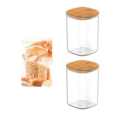 Imagem de Kit Com 2 Potes Herméticos 1 Litro Com Tampa De Bambu - Ou