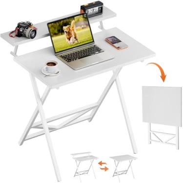 Imagem de WOHOMO Mesa dobrável com altura ajustável de 3 níveis, mesa de computador dobrável com suporte de monitor para escritório em casa, mesa de estudo ou trabalho para pequenos espaços, quarto, branca